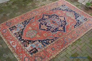 Old Heriz/Serapi 7 ft 3 X 11 ft 4 in. Real decorative thing with great colors and very uncluttered design. Unusual to find such wide borders on a smallish carpet. Well used--  ...