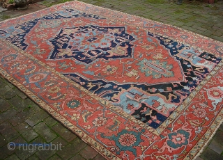 Old Heriz/Serapi 7 ft 3 X 11 ft 4 in. Real decorative thing with great colors and very uncluttered design. Unusual to find such wide borders on a smallish carpet. Well used--  ...