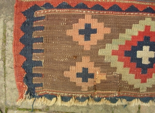 Kelim-- 20 x 24 inches. Persian?  Great colors. Good age. Is that an old reweave lower left? $15 shipping to lower 48          