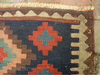 Kelim-- 20 x 24 inches. Persian?  Great colors. Good age. Is that an old reweave lower left? $15 shipping to lower 48          