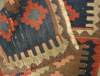 Kelim-- 20 x 24 inches. Persian?  Great colors. Good age. Is that an old reweave lower left? $15 shipping to lower 48          