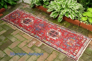 Karaja mini-runner. 1 ft 10 x 5 ft 10 inches. Colorful and decorative little rug. Principal attraction is unusual size. I'm thinking-- a nice thing to have on hand for a retail  ...