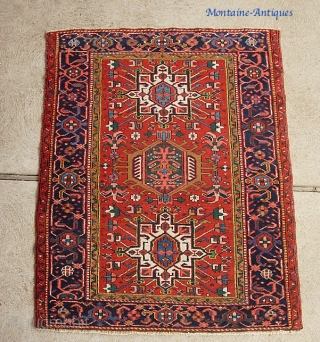 Karaja-- 3 ft 7 inches by 4 ft. 5 inches.  Bright and pretty colors. Super decorative. Good size.              