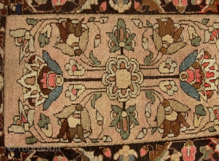Lilihan pushti-- 2 ft 2 inches by 2 ft. 10 inches. Great old open field Feraghan type design in soft light earth tone colors. Cool border design      