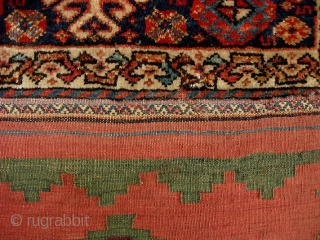 Luri-- maybe Veramin area? 2 ft 4 by 1 ft 10 Inches. Beautiful kelim back. The pile on this is real soft and silky. A worn pile area mostly in one corner--  ...