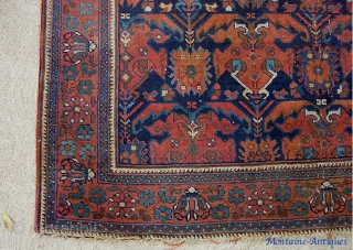 Antique Afshar-- 4 ft 6 inches by 6 ft. 4 inches. Pretty fine early type weave on wool ground. Side cords frayed a bit. Even wear with some foundation showing mostly in  ...