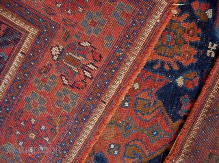 Antique Afshar-- 4 ft 6 inches by 6 ft. 4 inches. Pretty fine early type weave on wool ground. Side cords frayed a bit. Even wear with some foundation showing mostly in  ...