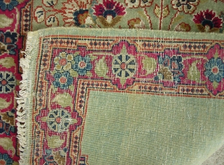 Kerman Pushti-  So called Lavar variety w/ Fine weave and short nap. Rare small size. Wonderful artistic composition with flower pot and green open field. Ends and sides are original with  ...