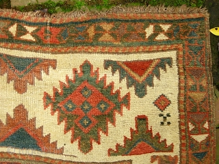 Ancient Caucasian. 3 ft 3 in x 10 ft 11 in. Moghan? Kazak?  Great archaic motifs. Interesting design change on the end borders. Wool is plush and grainy in texture. I  ...