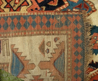 Ancient Caucasian. 3 ft 3 in x 10 ft 11 in. Moghan? Kazak?  Great archaic motifs. Interesting design change on the end borders. Wool is plush and grainy in texture. I  ...