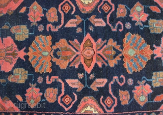 Blue field Mehriban mossul, 3.7 x 6.3 early 20th cent. Lovely soft colors;  all natural dyes  with subtle abrashes. Wonderful uncluttered design with deco appeal. Sides are recast; missing a  ...