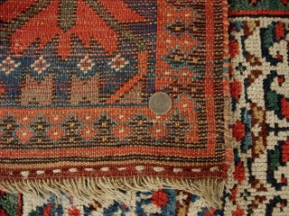 Sauj Bulaq Kurd 4 x 8.4 ft., circa 1890.  Great fat Genge border with wonderful clear natural reds, green, some aubergine; the field design is what Stone 2004:216 identified as "Sauj  ...