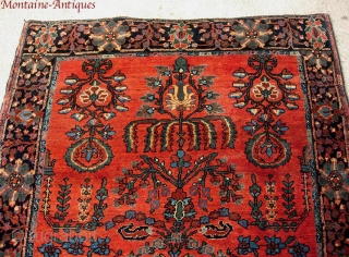  A different kinda Sarouk, 4'6" x 3'2"  early 20th Cent.  Open, almost tribal design. Unique border for a Sarouk. Good saturated natural colors; lucky ducky: escaped painting. Fine weave.  ...