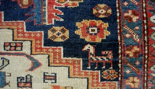 Karaja. 3 ft 9 x 6 ft 1 inches. a real old piece with wool weft. a super decorative rug with some non-offensive orange and 20 other good colors. Unusual design with  ...