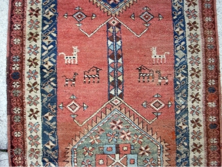 Azerbaijan Runner  3 ft 2 inches x 12 ft 9 inches. Probably Kurdish. A genuinely old piece with very interesting ethnographic design and very soft old colors. colors. Note missing ends  ...