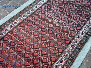 Malayer Runner 3 ft 4 x 12 ft 1 inches. Beautiful and lively. Very crisp old rug with fine weave. Fantastic shimmery colors. Even pile w/no exposed foundation except for the crease  ...