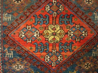 Afshar bag face, 1.7 by 2. Circa early 20th century. Charming little rug with animal figures. Lovely colors; lush pile has a wonderful soft feel. Guard missing on bottom. Aside from this  ...