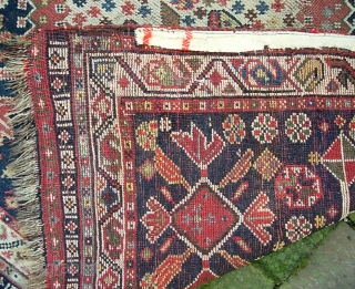 Qashqai. 2 ft 11 in  x 5 ft 9 inches. Ancient old piece in as found condition. Pile is low and even with a smattering of foundation here and there. Someone  ...