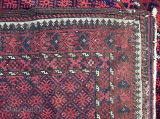 Balouchi-- 3 ft 1 in x 5 ft 3 in. A genuinely old piece, possibly 19th cent. The weave is super fine for a balouch. Condition... not so much. The pictures tell  ...