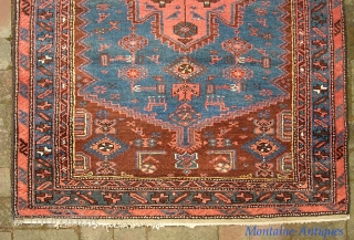 Hamadan Runner-- 3 ft 6 in x 9 ft 9 in. Perhap Kolyai   with all these Kurdish motifs. Very pretty with soft blue, salmon and rust.  Condition is good--  ...