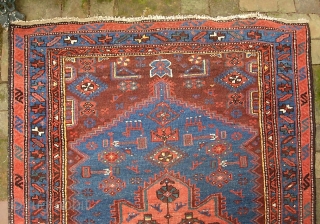 Hamadan Runner-- 3 ft 6 in x 9 ft 9 in. Perhap Kolyai   with all these Kurdish motifs. Very pretty with soft blue, salmon and rust.  Condition is good--  ...