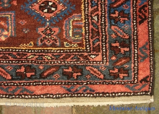 Hamadan Runner-- 3 ft 6 in x 9 ft 9 in. Perhap Kolyai   with all these Kurdish motifs. Very pretty with soft blue, salmon and rust.  Condition is good--  ...