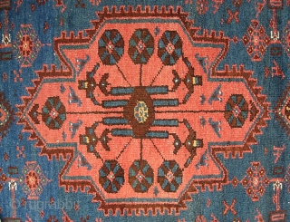 Hamadan Runner-- 3 ft 6 in x 9 ft 9 in. Perhap Kolyai   with all these Kurdish motifs. Very pretty with soft blue, salmon and rust.  Condition is good--  ...