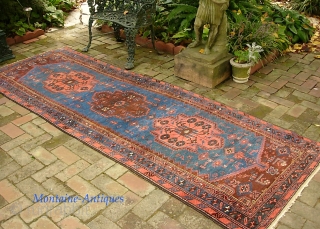 Hamadan Runner-- 3 ft 6 in x 9 ft 9 in. Perhap Kolyai   with all these Kurdish motifs. Very pretty with soft blue, salmon and rust.  Condition is good--  ...