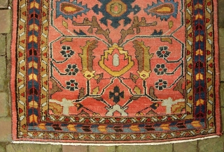 Hamadan-- 2 ft 6 in x 4 ft 11 in. Definitely Mehriban village piece. Very interesting design-- arabesques on soft salmon field. Gets lowish in the middle but no exposed foundation. Ends  ...