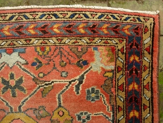 Hamadan-- 2 ft 6 in x 4 ft 11 in. Definitely Mehriban village piece. Very interesting design-- arabesques on soft salmon field. Gets lowish in the middle but no exposed foundation. Ends  ...