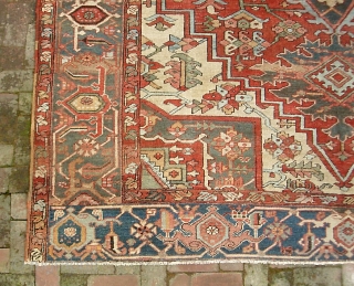 Serapi-- 8 ft 10 in x 12 ft 3 in. A legit antique rug, probably 19th century. It is very open and the medallion is proportionally huge.  Very interesting design and  ...