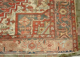 Serapi-- 8 ft 10 in x 12 ft 3 in. A legit antique rug, probably 19th century. It is very open and the medallion is proportionally huge.  Very interesting design and  ...