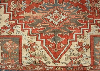 Serapi-- 8 ft 10 in x 12 ft 3 in. A legit antique rug, probably 19th century. It is very open and the medallion is proportionally huge.  Very interesting design and  ...
