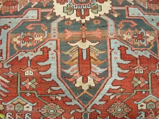 Serapi-- 8 ft 10 in x 12 ft 3 in. A legit antique rug, probably 19th century. It is very open and the medallion is proportionally huge.  Very interesting design and  ...