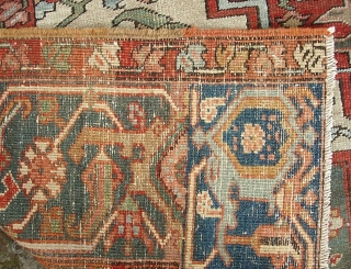 Serapi-- 8 ft 10 in x 12 ft 3 in. A legit antique rug, probably 19th century. It is very open and the medallion is proportionally huge.  Very interesting design and  ...