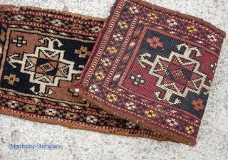 Turkoman chanta. 6 inches by 20 inches. Yomud? Ersari? Whatever. Cute little bag face with extremely nice weave. Would make a nice little table rug for a small place. $12 US shipping.
 