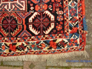 Basseri. 24 x 16 inches. Top shelf example of a highly sought Khamseh design. Sensational wool quality. Tiny fine knotting. Look carefully-- moth damage upper left corner. Aside from that condition is  ...