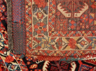 Basseri. 24 x 16 inches. Top shelf example of a highly sought Khamseh design. Sensational wool quality. Tiny fine knotting. Look carefully-- moth damage upper left corner. Aside from that condition is  ...