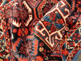 Basseri. 24 x 16 inches. Top shelf example of a highly sought Khamseh design. Sensational wool quality. Tiny fine knotting. Look carefully-- moth damage upper left corner. Aside from that condition is  ...