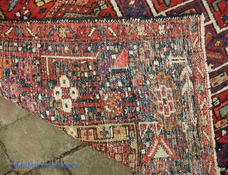 Karaja. 3 ft 2 in x 4 ft. 9 inches. Very decorative. Lotsa lively colors. There's a tiny bit of moth on top that you would probably never see if I hadn't  ...