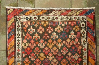 Malayer Mat. 1 ft 9 in x 2 ft. 1 inches. Cute little tiny thing with cool design and lotsa colors.  Someone spent $100 fixing the ends and sides. Sturdy, solid,  ...