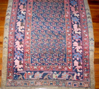 Kurdish Runner on wool foundation, c. 1900;  3 ft 1 inches by 13 ft. 3inches. Botehs and Earthtones. All vegetal dyes. Note the cute little tribal figures in the border on  ...
