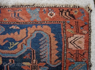 Kurd. 3 ft 6 inches by 7 ft 1 inches. God-knows-how-old archaic tribal thing. Are these old  dragon motifs(?) Extremely interesting piece. Pristine and unrestored with original braided end weave. Even  ...