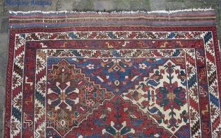 Afshar. 4 ft 0 inches by 5 ft 5 inches. Circa 1900 or earlier. Nomadic tribal piece has wide kelims at both ends. Interesting-- center warps are candy cane wool; peripheral warps  ...