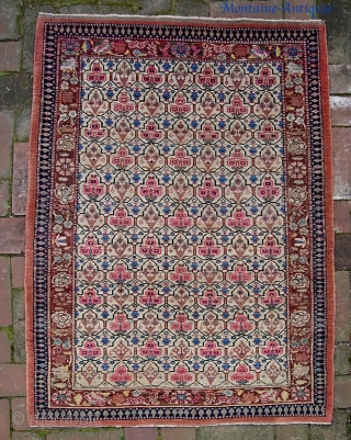 Kashan. 2 ft 10 x 4 ft. This came from a nice collector's collection. A real unusual piece. The design is unique. Some fugitive colors are typical for Kashans of this period.  ...