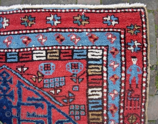 Northwest Runner-- 3 ft 10 inches x 10 ft 3 inches. Bright, lively, charming tribal piece with little smiling people and animals along one side. Great colors and ivory medallions. Note the  ...