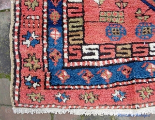 Northwest Runner-- 3 ft 10 inches x 10 ft 3 inches. Bright, lively, charming tribal piece with little smiling people and animals along one side. Great colors and ivory medallions. Note the  ...