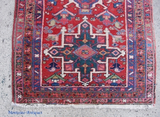 Rug-- 2 ft 5 inches by 4 foot 1 inches. Looks like a garden variety Karaja. But guess what? It is really a Heriz and a pretty nice tight weave to boot. 