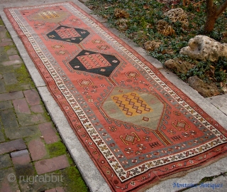 Kurdish (?) Runner. 3 ft 3 inches by 10 foot 9 inches. Possibly 19th century thing. Beautiful decorative piece with fantastic soft natural colors.         