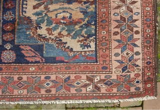 Persian Village-- 4 ft 2 inches x 6 ft 0 inches. Bahktiari? Anything different is good. Definitely unique design. Some loss at the ends; excellent zanjir work securing them.  Approx $20  ...